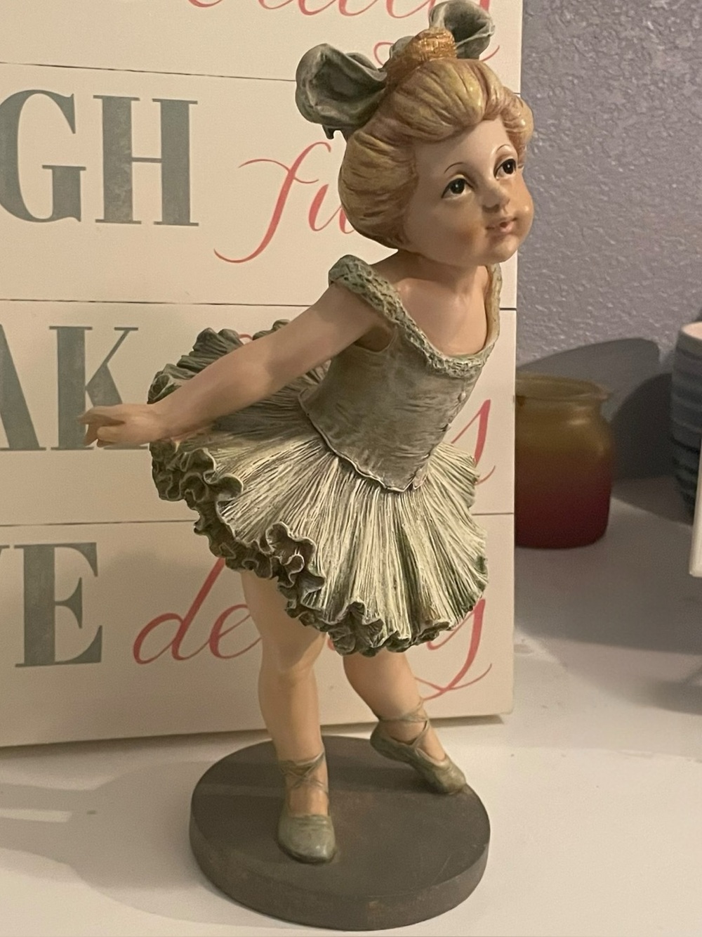 Vintage Classical Ballerina Dancer Resin Statue Muted Olive Green Tutu Gown